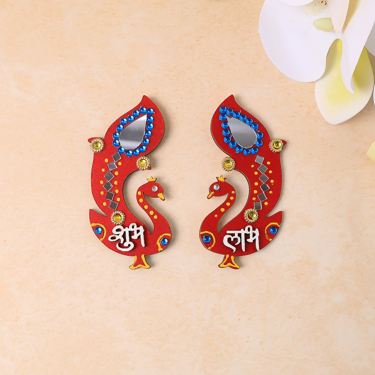Handcrafted wooden Shubh Labh wall hanging with intricate mirror and stone decorations