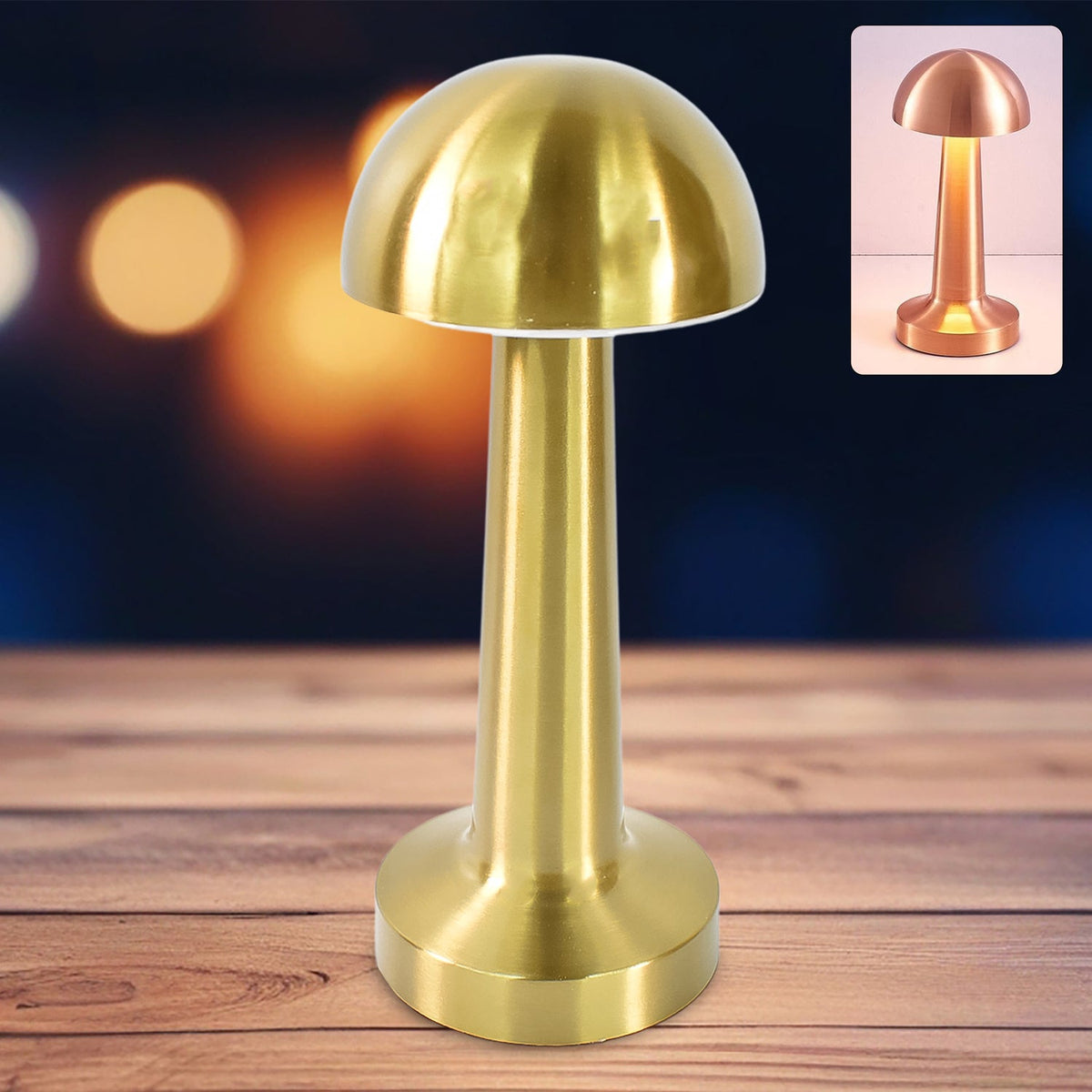 A gold mushroom-shaped lamp on a rustic wooden table with a blurred background and a copper lamp inset.