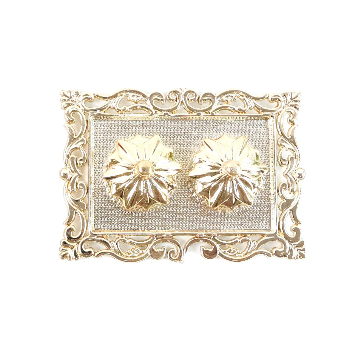 A gold rectangular pooja thali with two flower-shaped containers, on a white background.