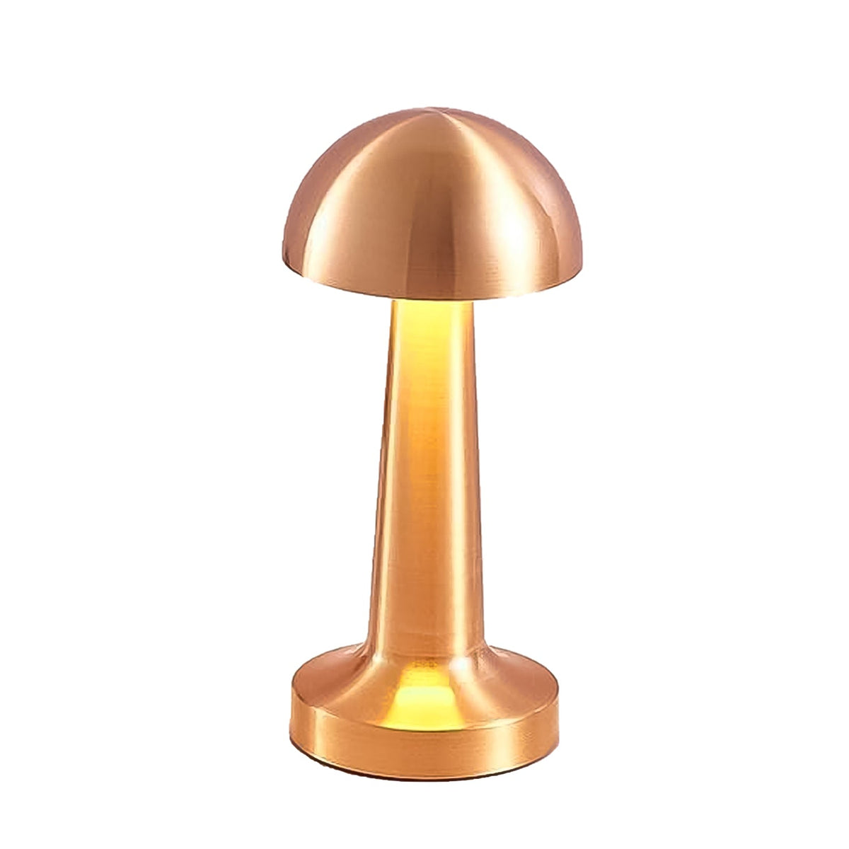 A glowing copper mushroom lamp with a smooth, reflective surface stands upright on a plain white background.