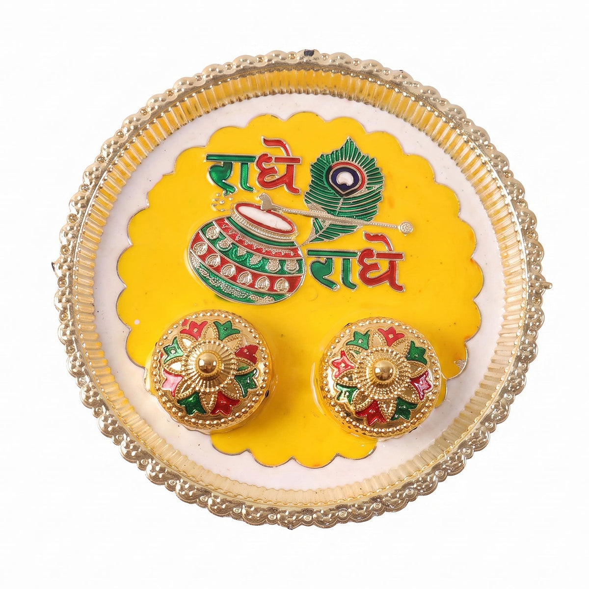 A silver and yellow Radhe Radhe pooja thali set with two small decorative containers on a white background.