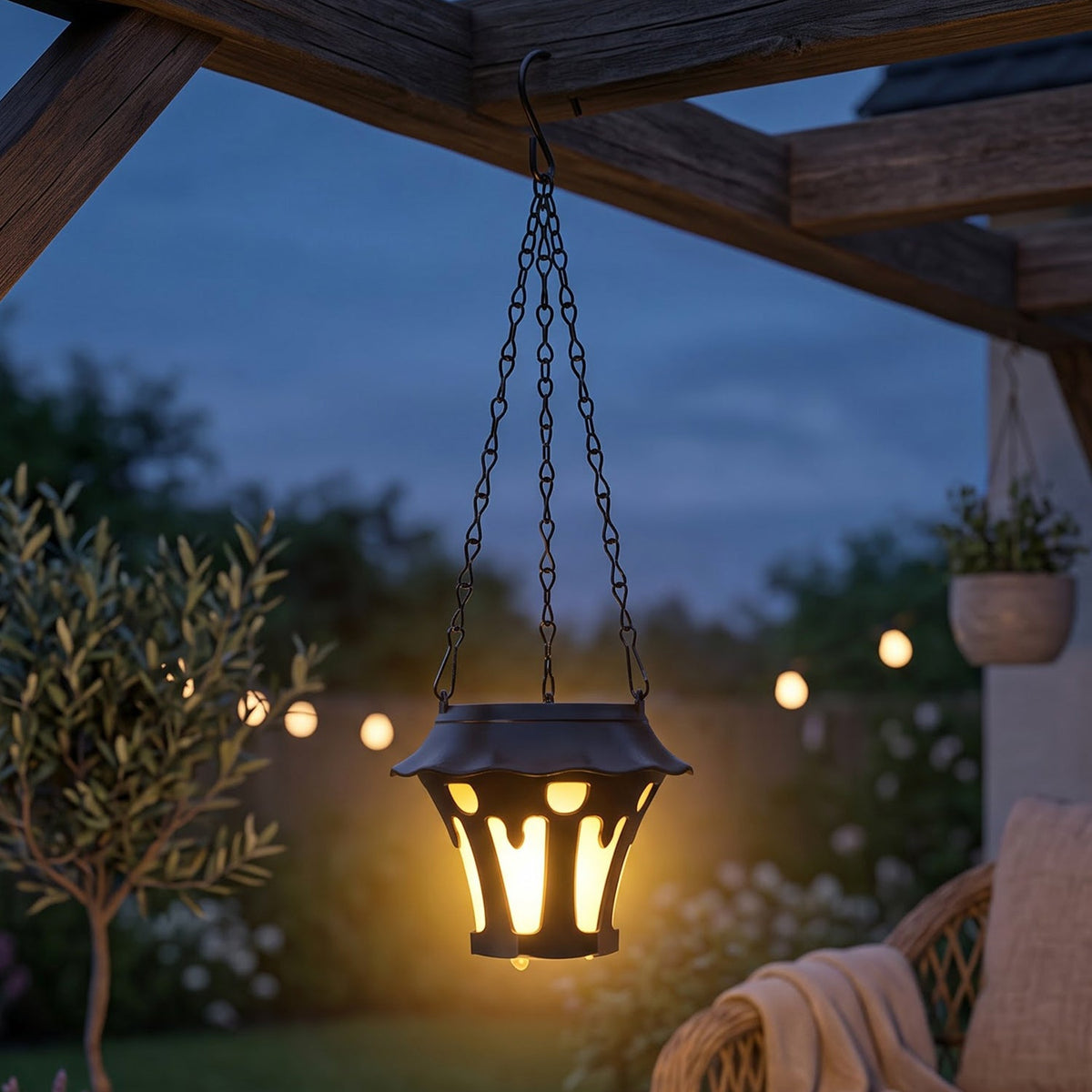 A black solar lantern with a flickering yellow light hangs from a wooden pergola at dusk, illuminating a garden patio.