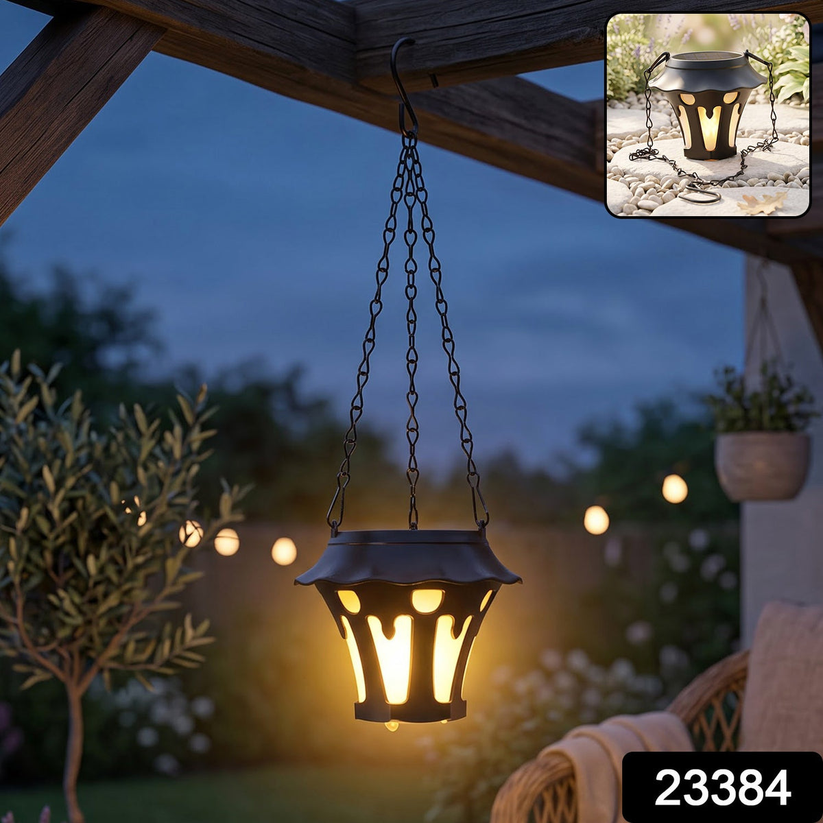 A black solar lantern with a flickering yellow light hangs from a wooden pergola at dusk, with a small inset – view 8