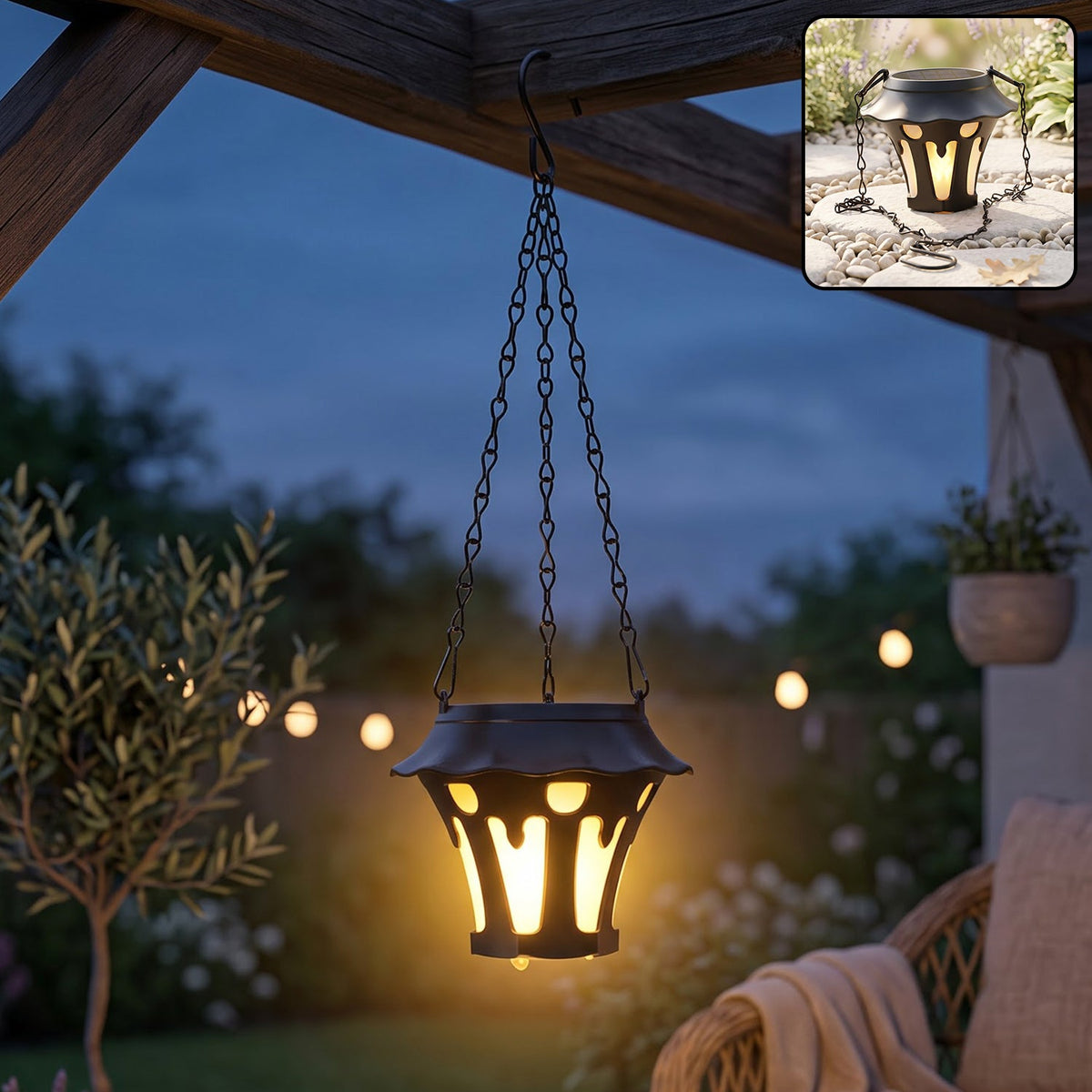 A black solar lantern with a flickering yellow light hangs from a wooden pergola at dusk, with a small inset showing the