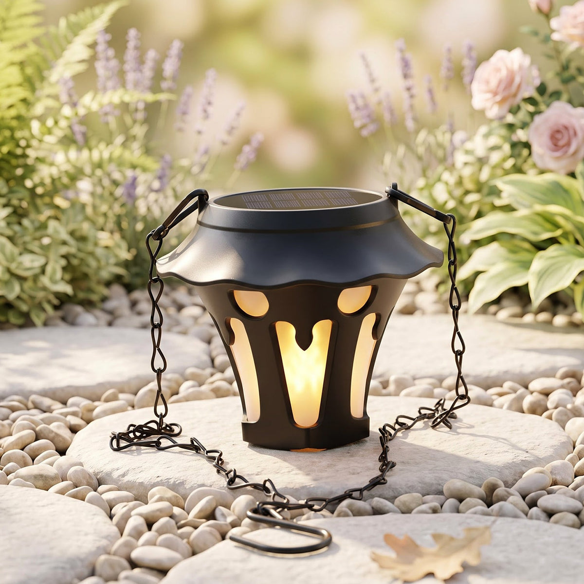 A black solar lantern with a flickering yellow light sits on a stone path surrounded by pebbles and pink flowers.