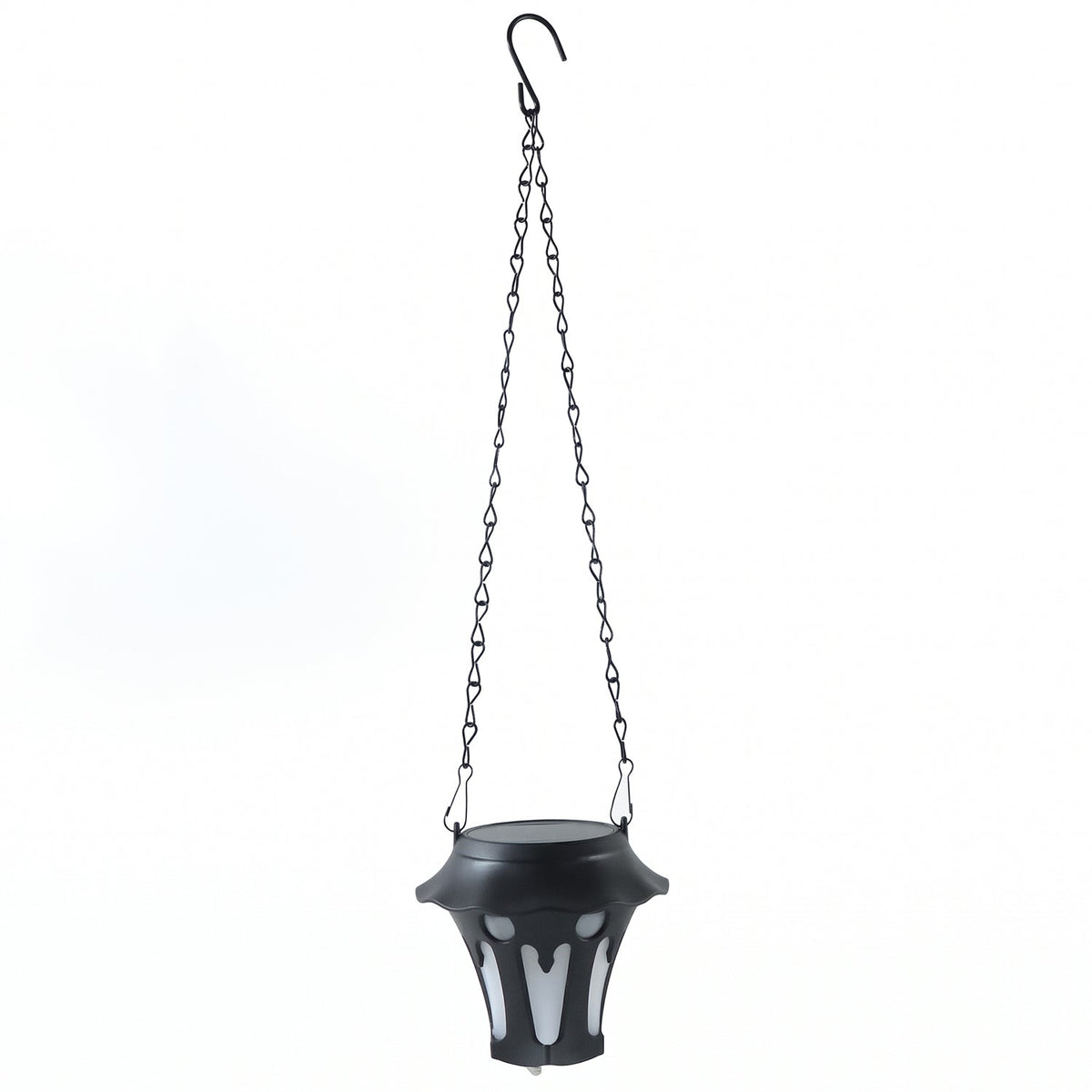 A black solar lantern with a hanging chain and hook is displayed against a plain white background.