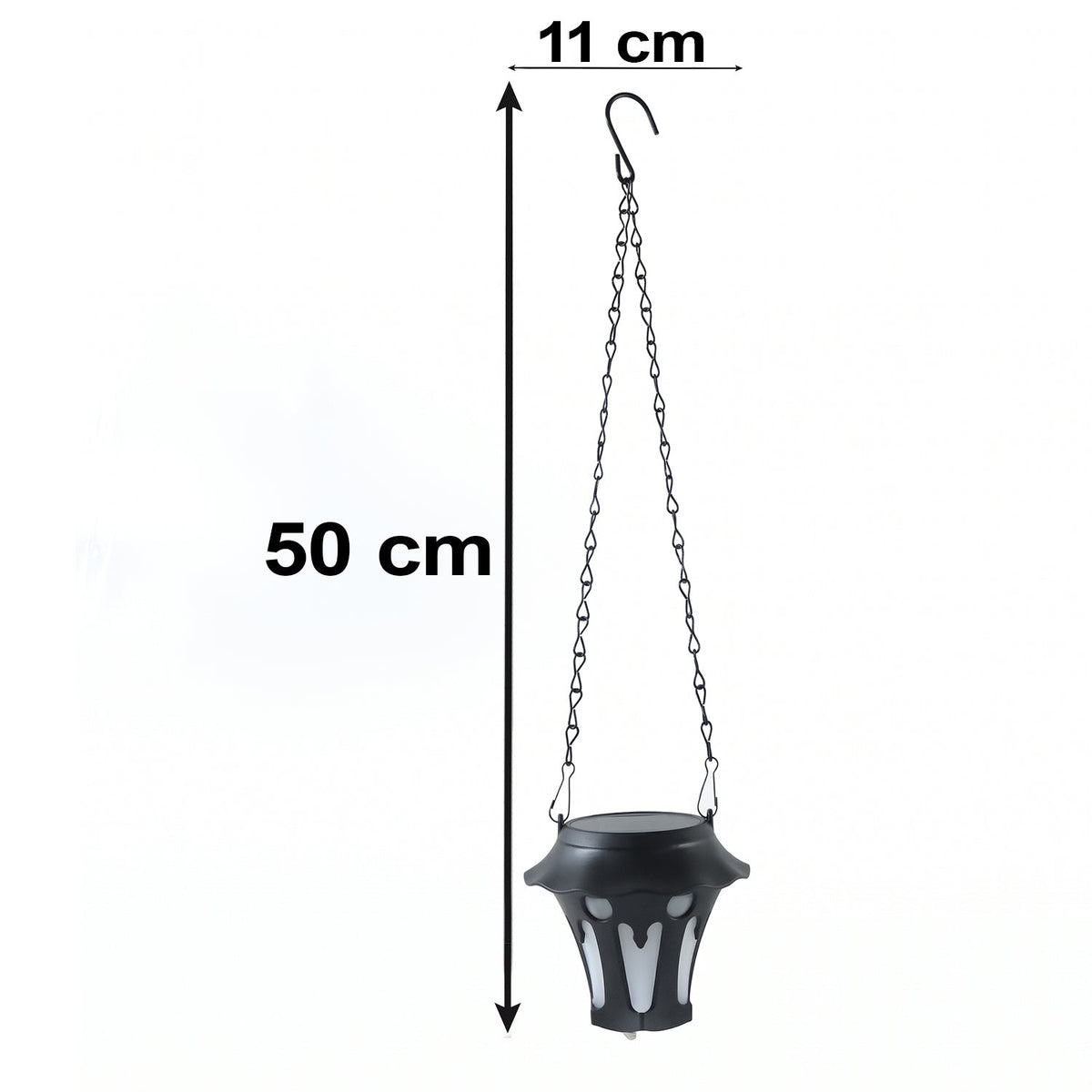 A black solar lantern with a hanging chain and hook is displayed against a white background with measurements of 50 cm