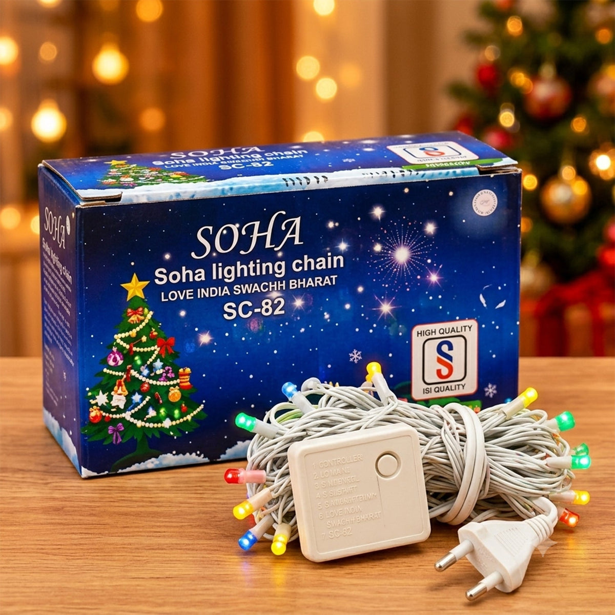 A blue box for Soha lighting chain next to a coiled bundle of multicolor LED string lights with a controller and plug.