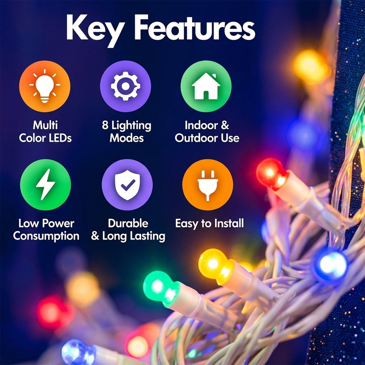 An infographic detailing key features of the multicolor LED string lights, such as multiple colors, eight modes, and