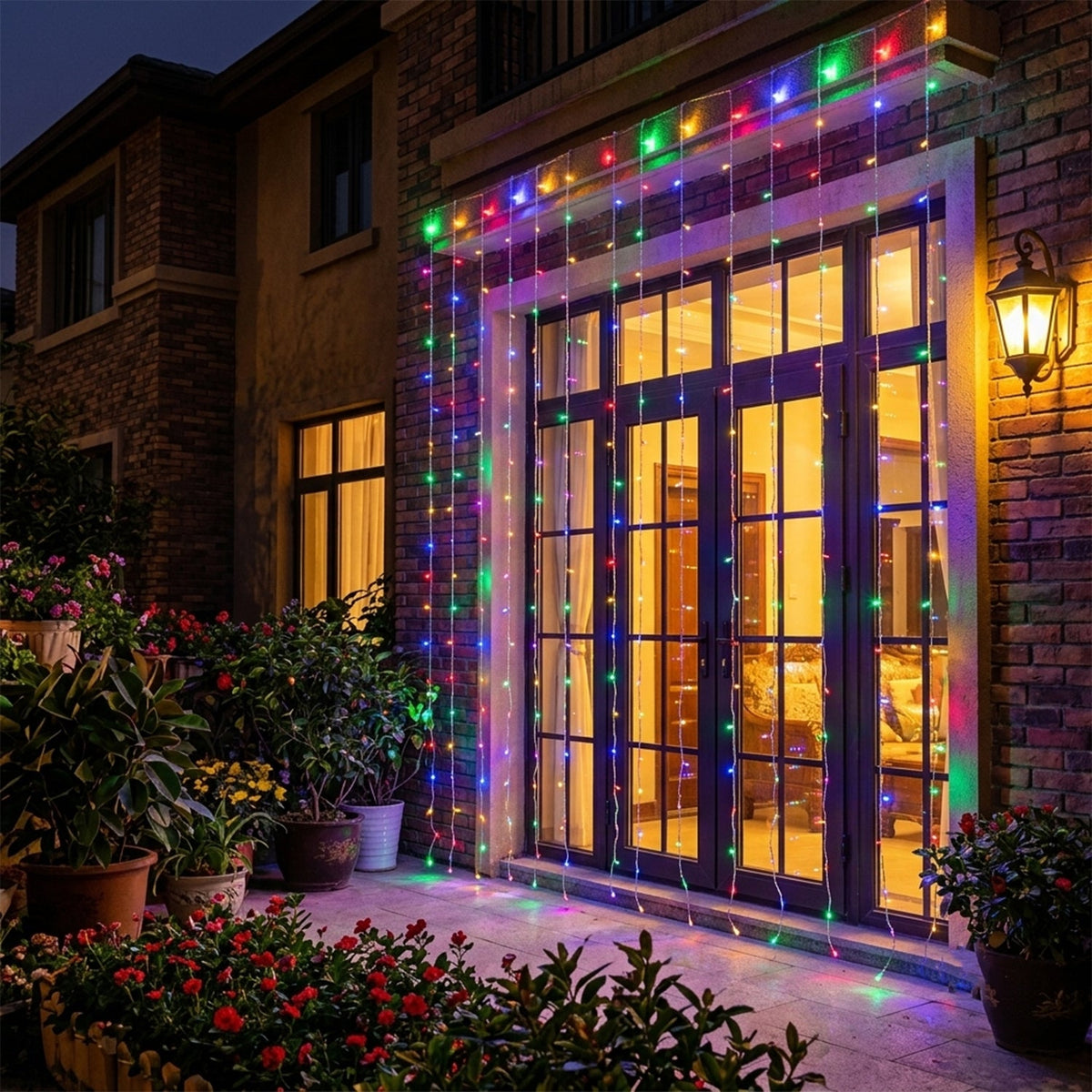 Multicolor LED curtain lights adorn a large glass door on a brick house at night, surrounded by garden plants.