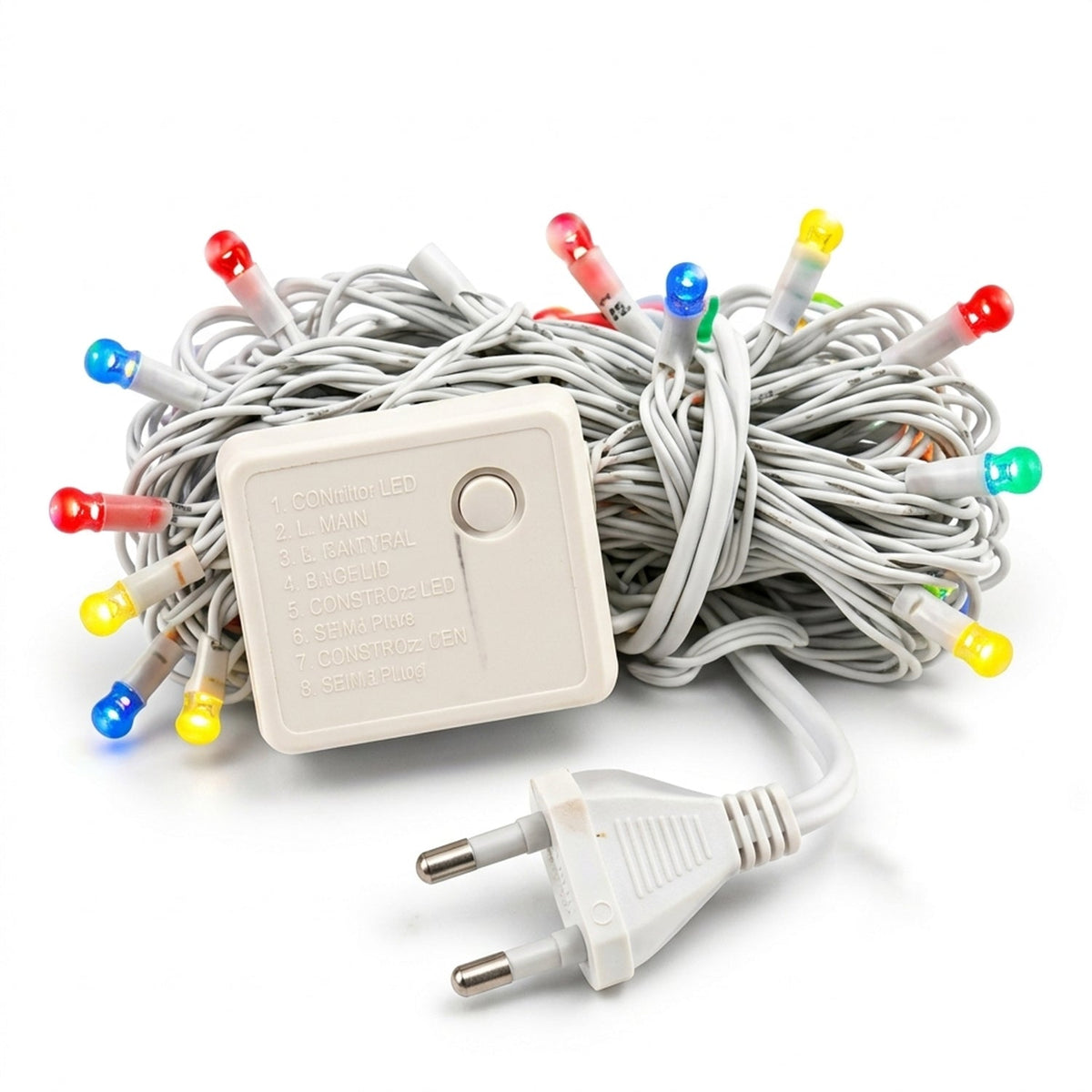 A coiled bundle of multicolor LED string lights with a white control box and a two-pin plug.