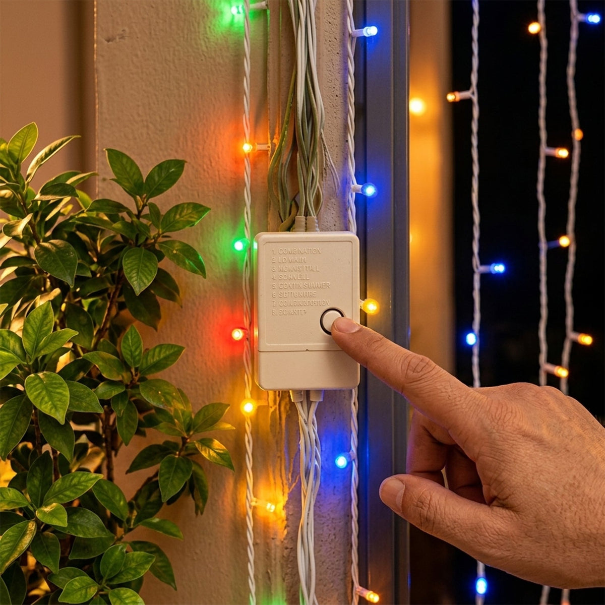 A hand presses the button on a white control box for the multicolor LED string lights.