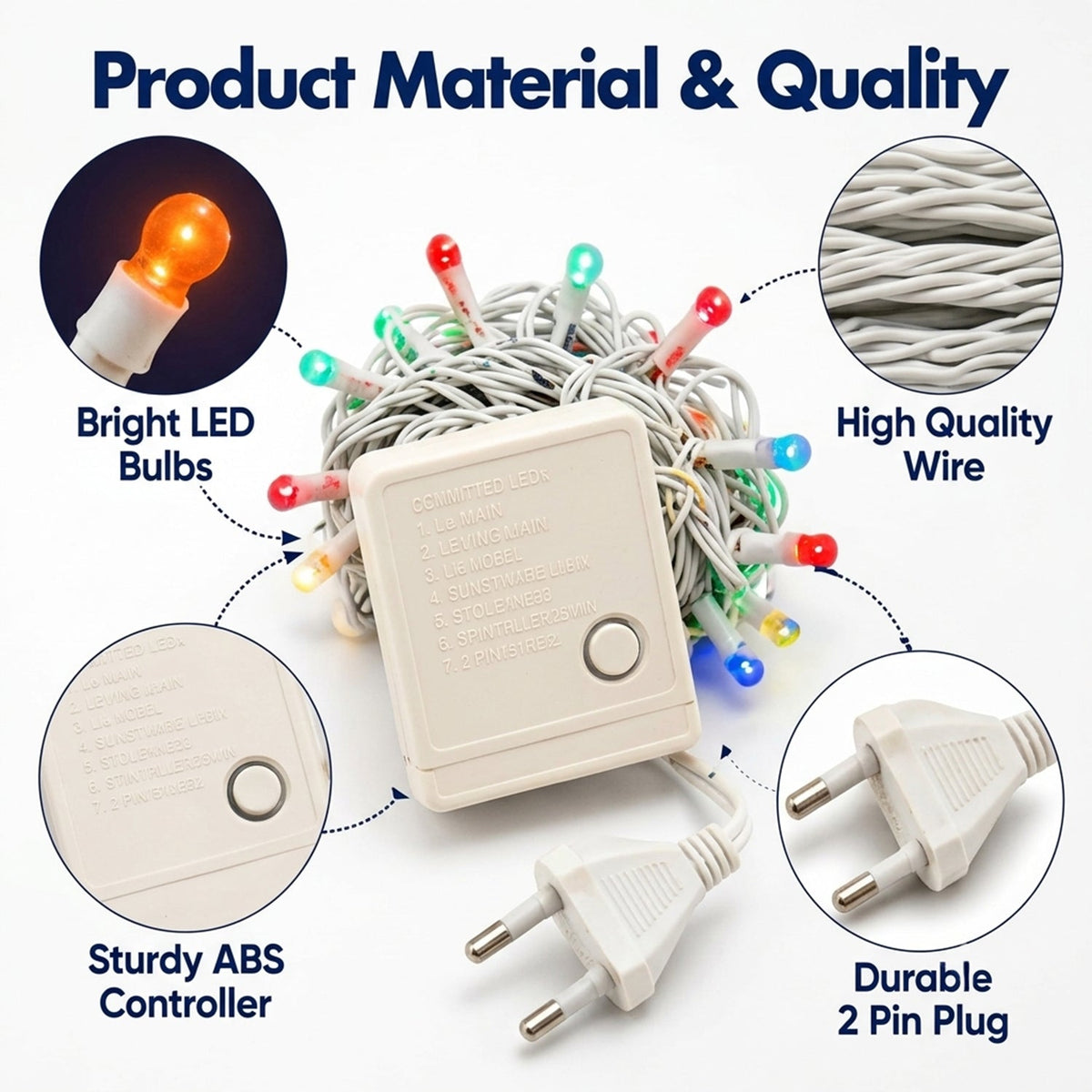 An infographic highlighting the features of the multicolor LED string lights, including bright bulbs, quality wire, sturdy