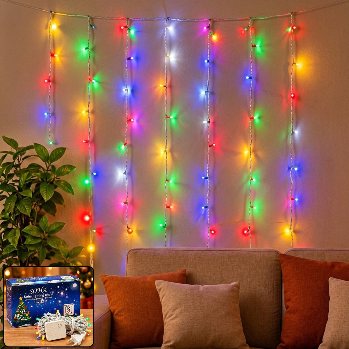Multicolor LED curtain lights illuminate a living room wall above a sofa with decorative pillows.