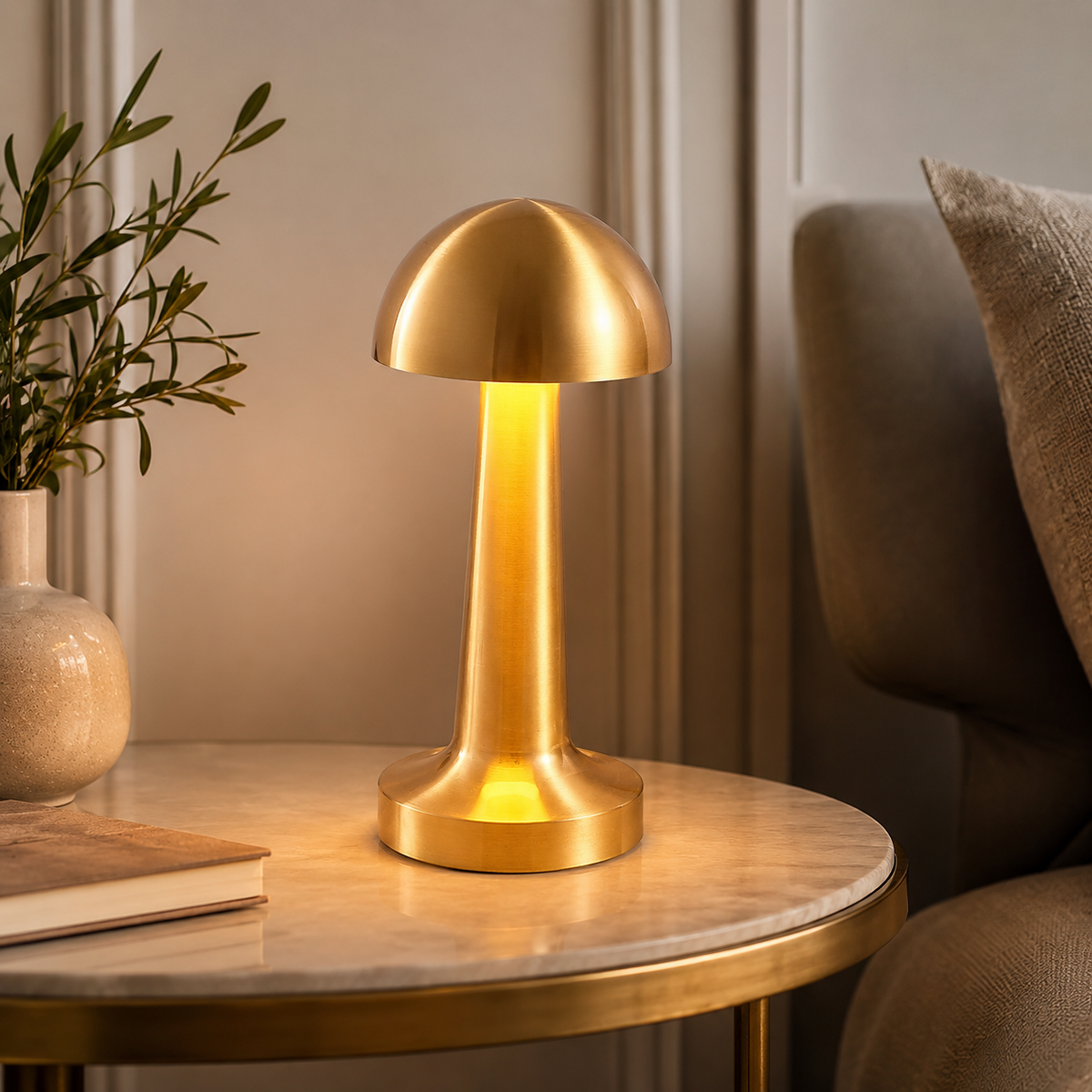 A gold mushroom-shaped table lamp illuminates a marble side table with a book and vase, beside a sofa.