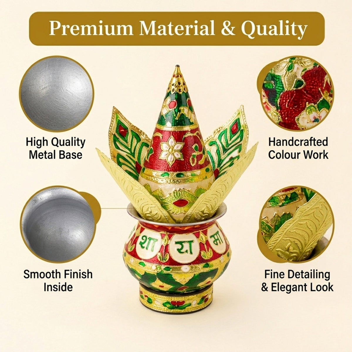 A decorative kalash set is shown with close-ups highlighting its metal base, smooth interior, and handcrafted color work.