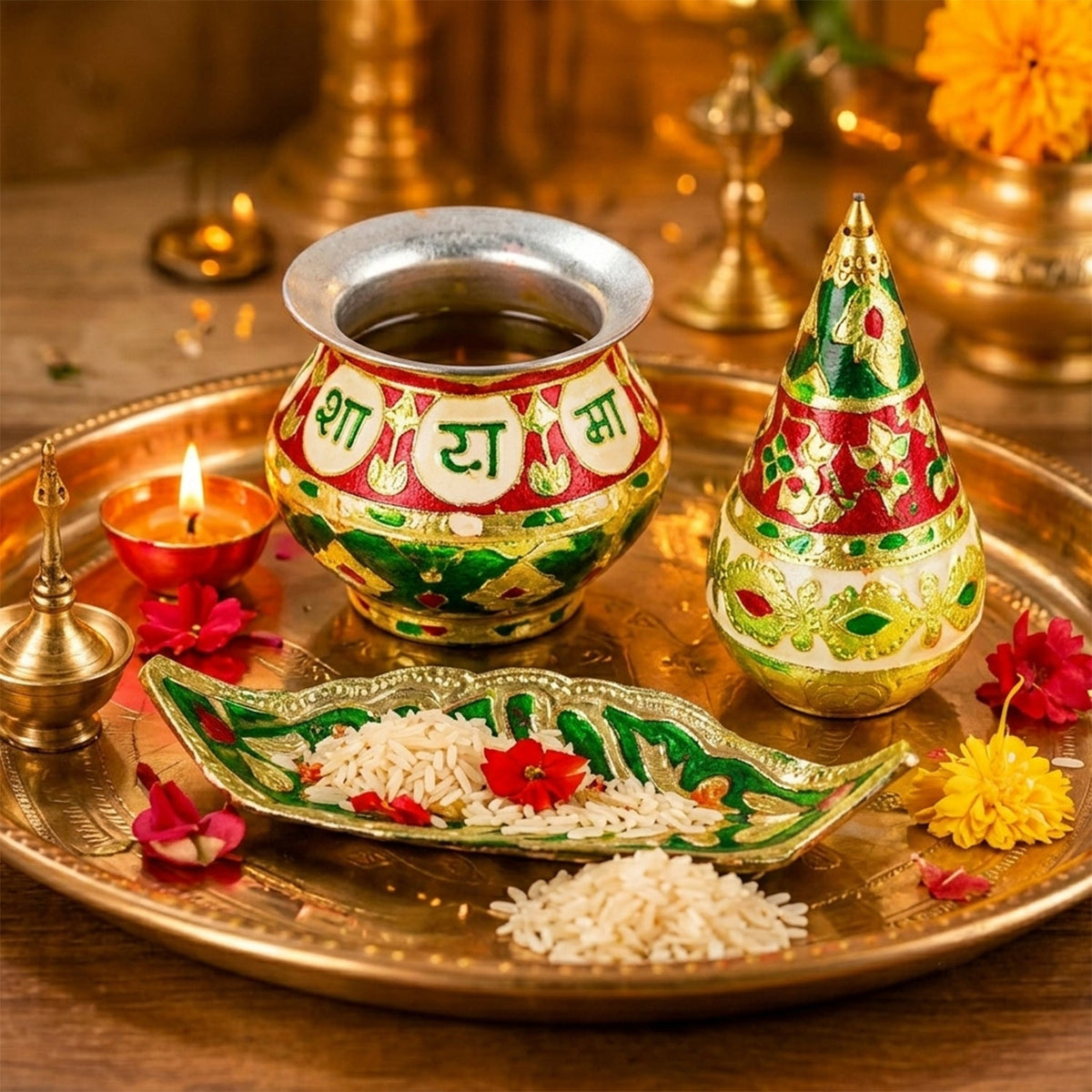 A kalash pot, conical top, and leaf tray filled with rice and flowers are arranged on a brass tray with a lit lamp.