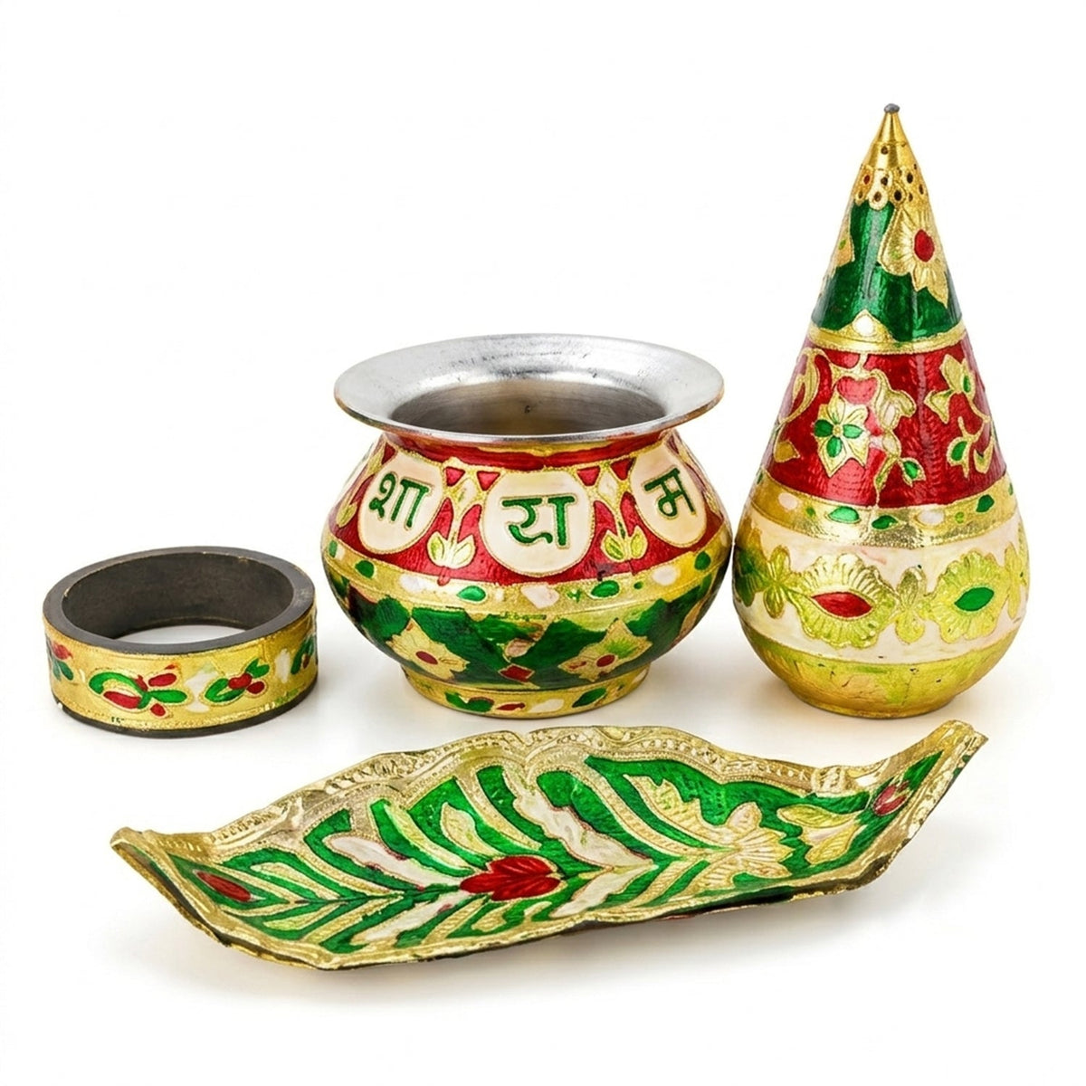 A decorative four-piece kalash set, featuring a pot, base, conical top, and leaf-shaped tray, is arranged on a white