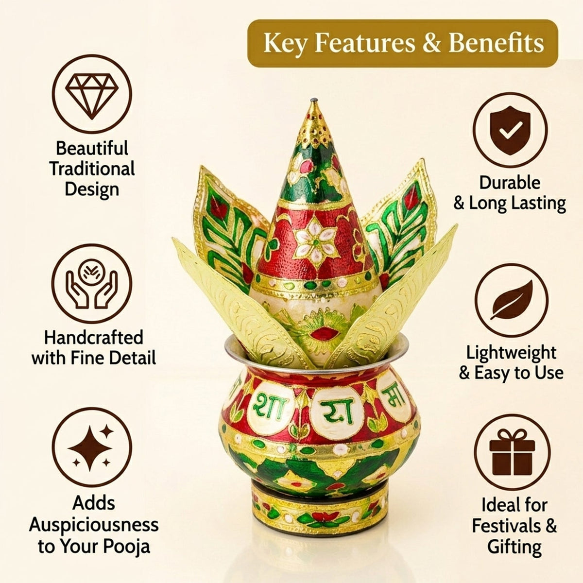 A decorative kalash set is surrounded by icons highlighting its traditional design, durability, and handcrafted details.