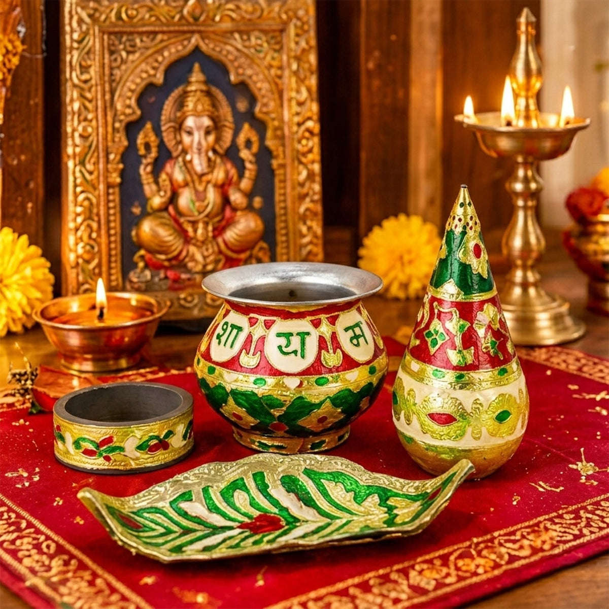 A four-piece kalash set, including a pot, base, conical top, and leaf tray, sits on a red cloth near a Ganesha idol.