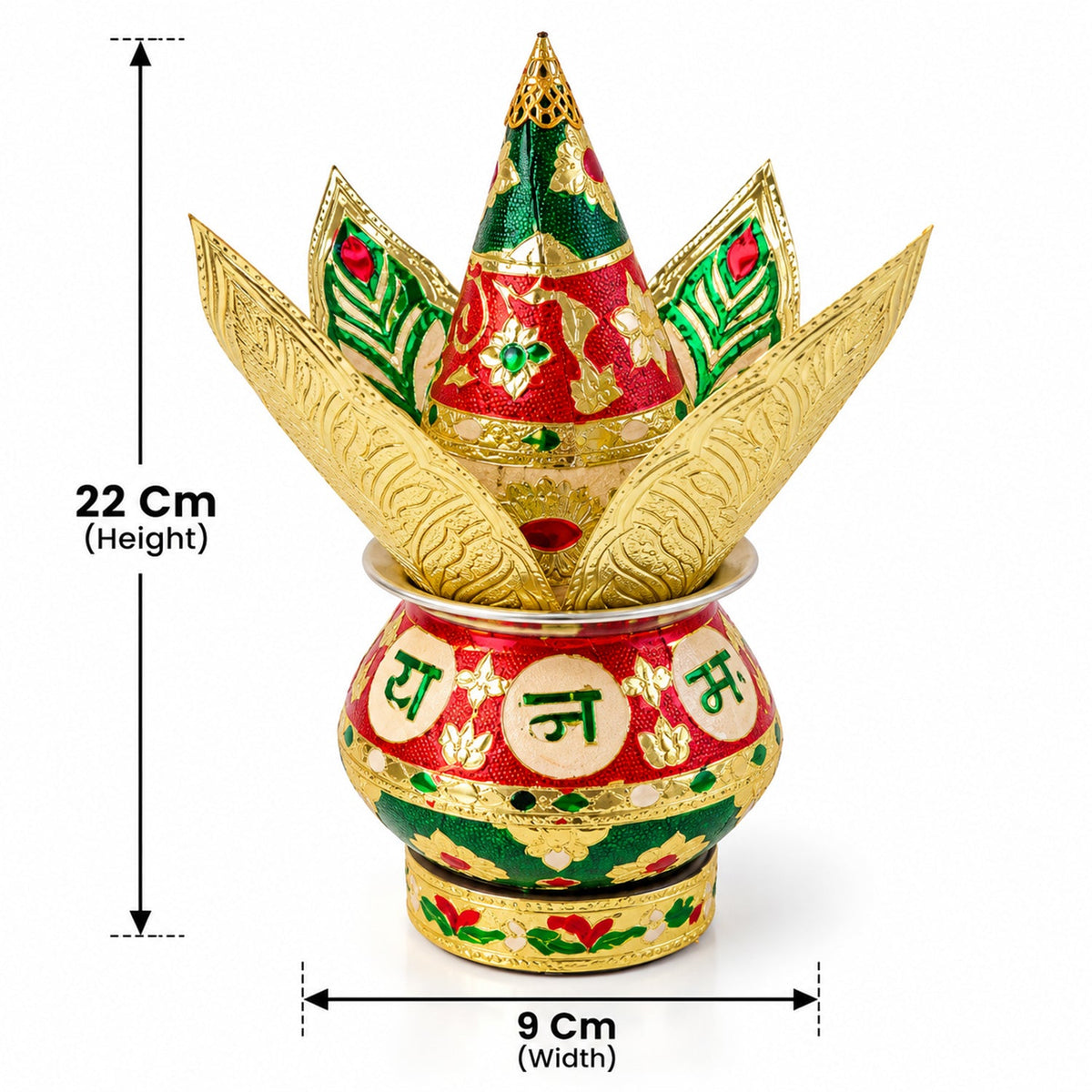 A decorative kalash set with golden leaves and a conical top is shown with its height and width dimensions.