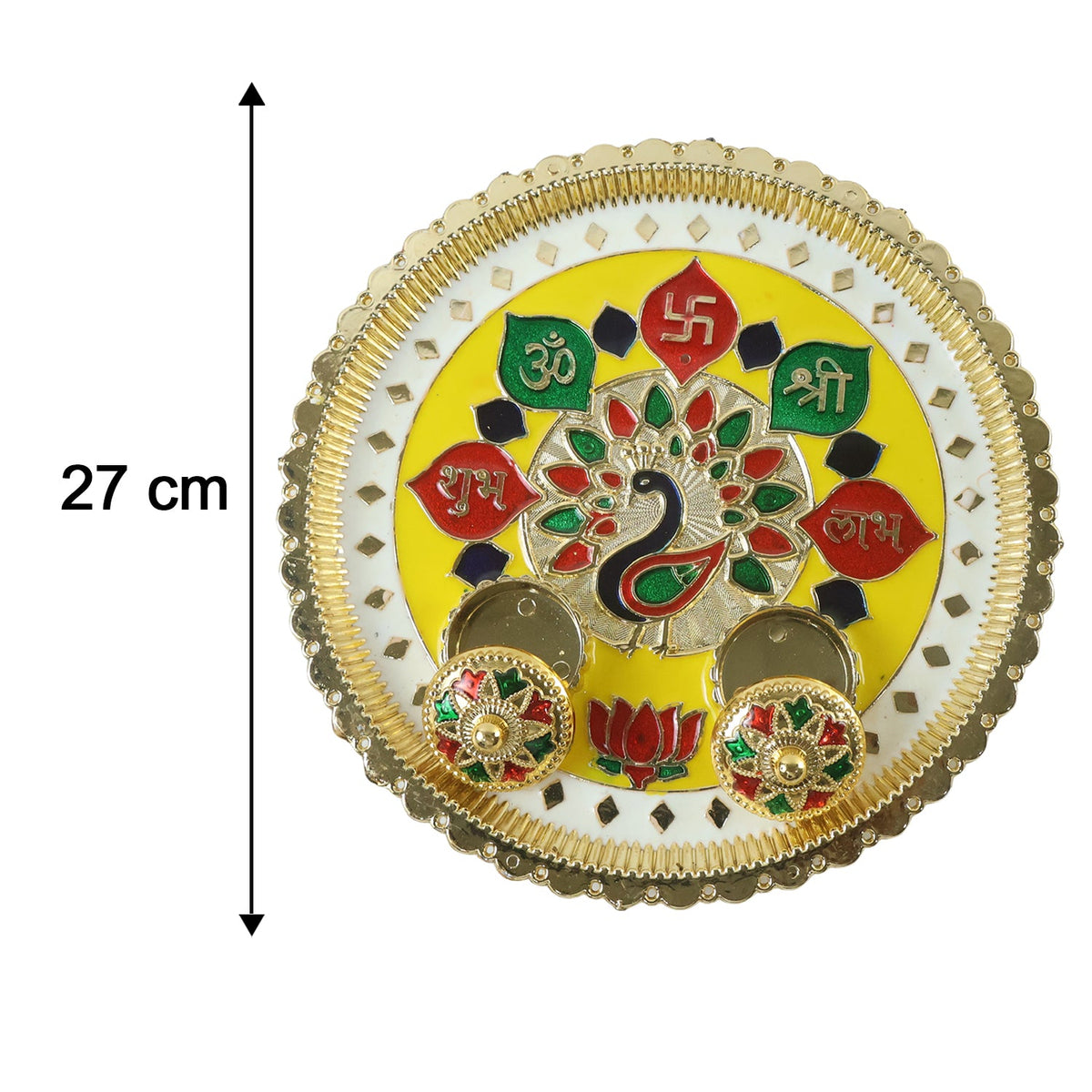 A golden pooja thali with a peacock design, two empty small bowls, and a 27 cm measurement arrow.