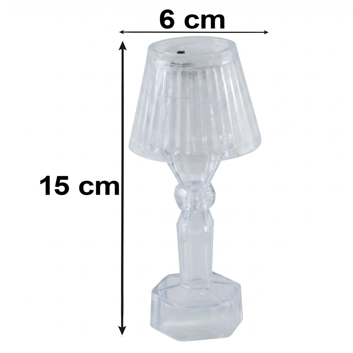 A single clear acrylic miniature table lamp with a ribbed shade and hexagonal base, showing its 15 cm height and 6 cm width.