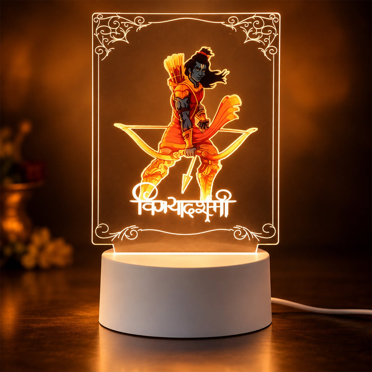 Lord Ram 3D LED lamp with a warm orange light, showing a divine figure with a bow and arrow, in a dark setting.